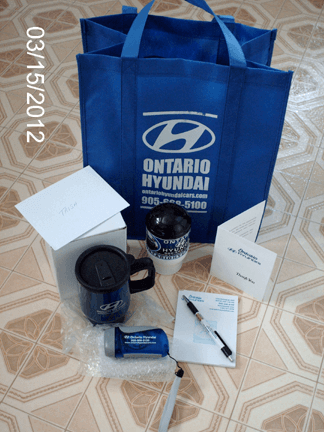 Ontario Hyundai's keepsake bag with other items of use inside, as their Thank YOU to me!