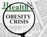 a page of text with headline reading Health Obesity Crisis, seen through a magnifying glass, used as a header image