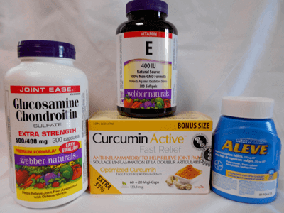 curcumin and Aleve anti-inflammatories, vitamin E, and Glucosamine Chondroitin Sulfate Extra Strength supplements