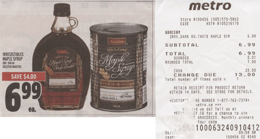 Metro's image demonstrating their sale price for dark maple syrup along with my proof of purchase