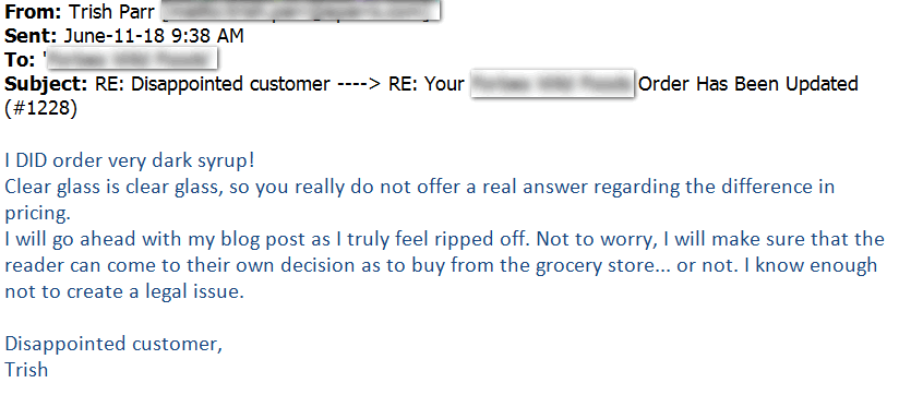 screen print of 2nd email sent to vendor who claims I was threatening them