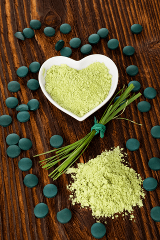 sun chlorella powder in heart shape dish on hard surface with sun chlorella tablets around it, and more powder shown on hard surface below the dish