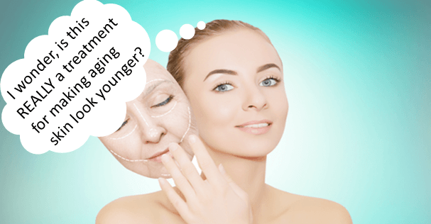 picture of a lady with her face looking younger and her older mask like face in her hand. Thought bubble saying "I wonder, is this REALLY a treatement for making aging skin look younger?"