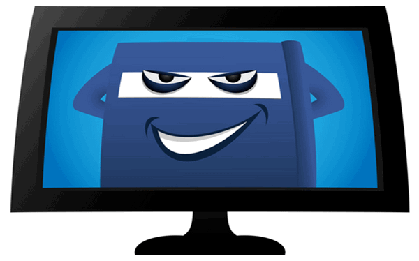 graphic blue book with an evil grin that is being displayed on a graphic computer monitor