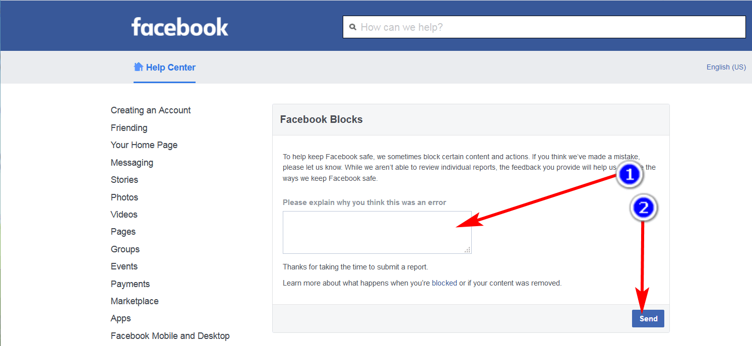 screen print of the Facebook form you get when clicking on the "let us know" option