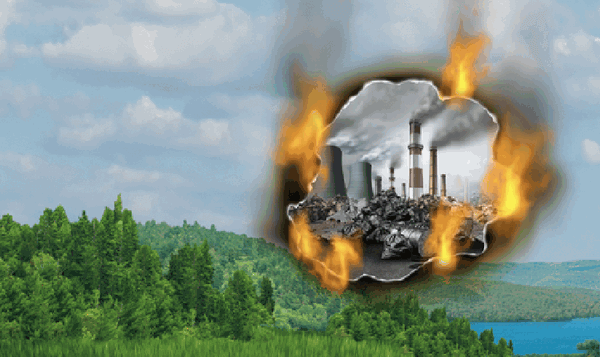image of a natural landsape with trees and a water front with an image of a factory burning a whole in the shy