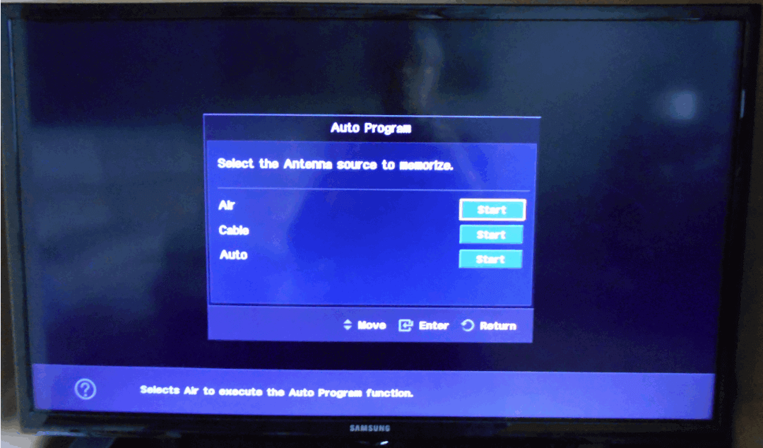 TV screen showing Air selected with the Start button selected by default