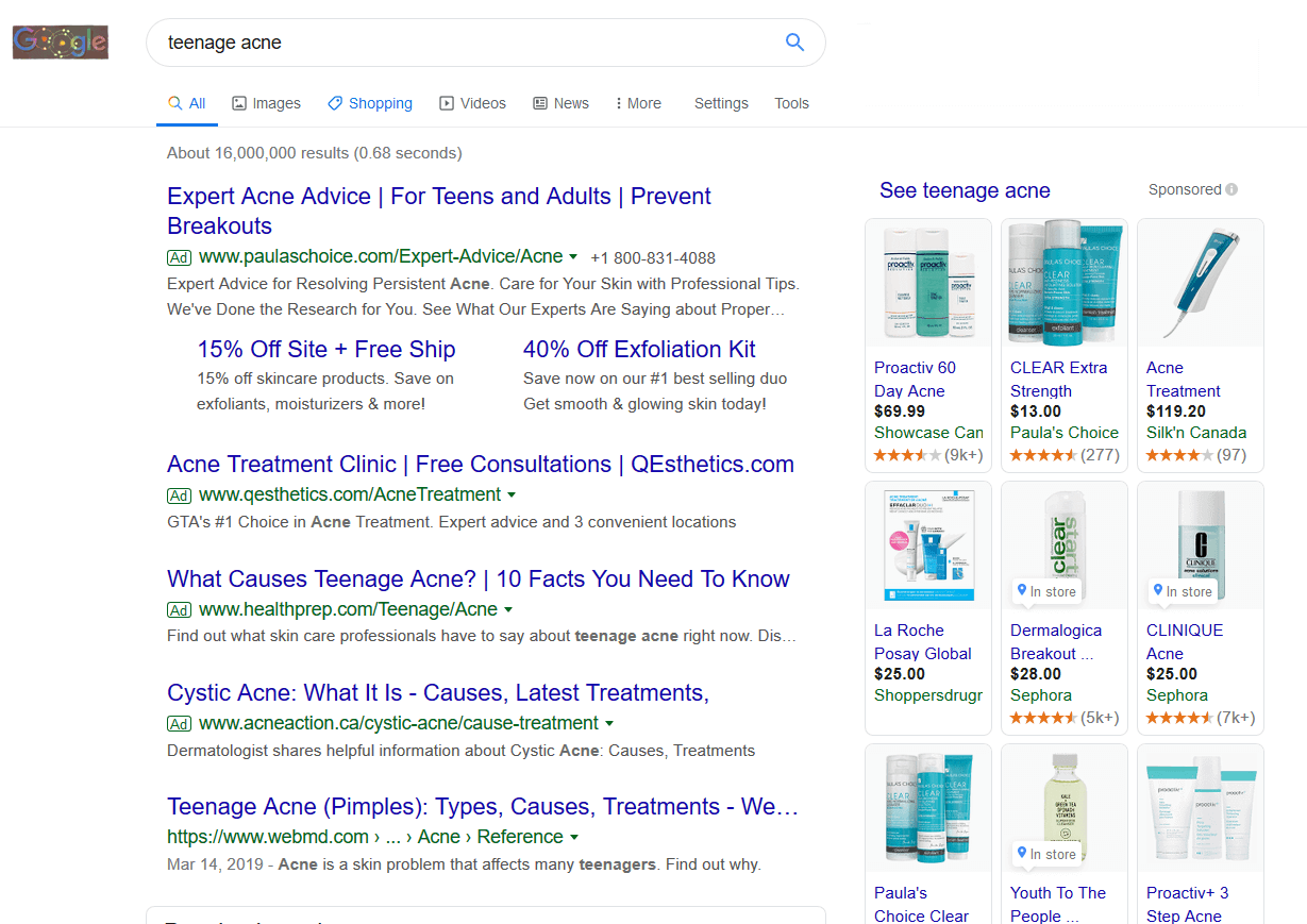 screen print of Google search for "teen acne"