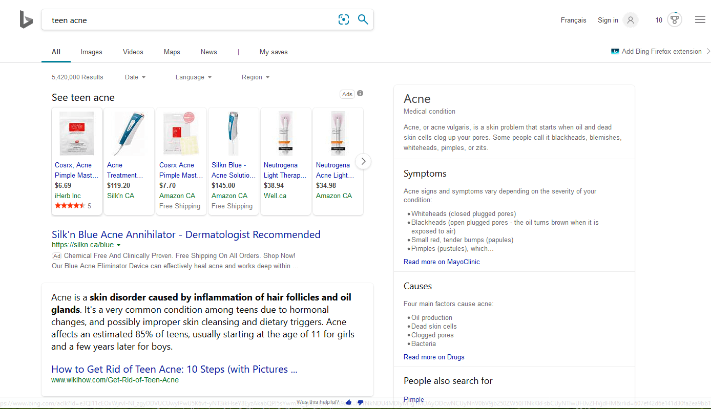 screen print of Bing search results for "teen acne"
