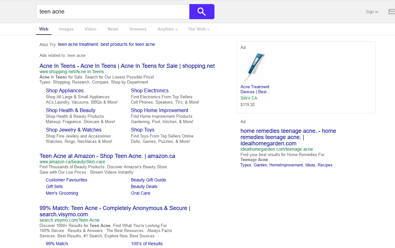 Yahoo search results for "teen acne"