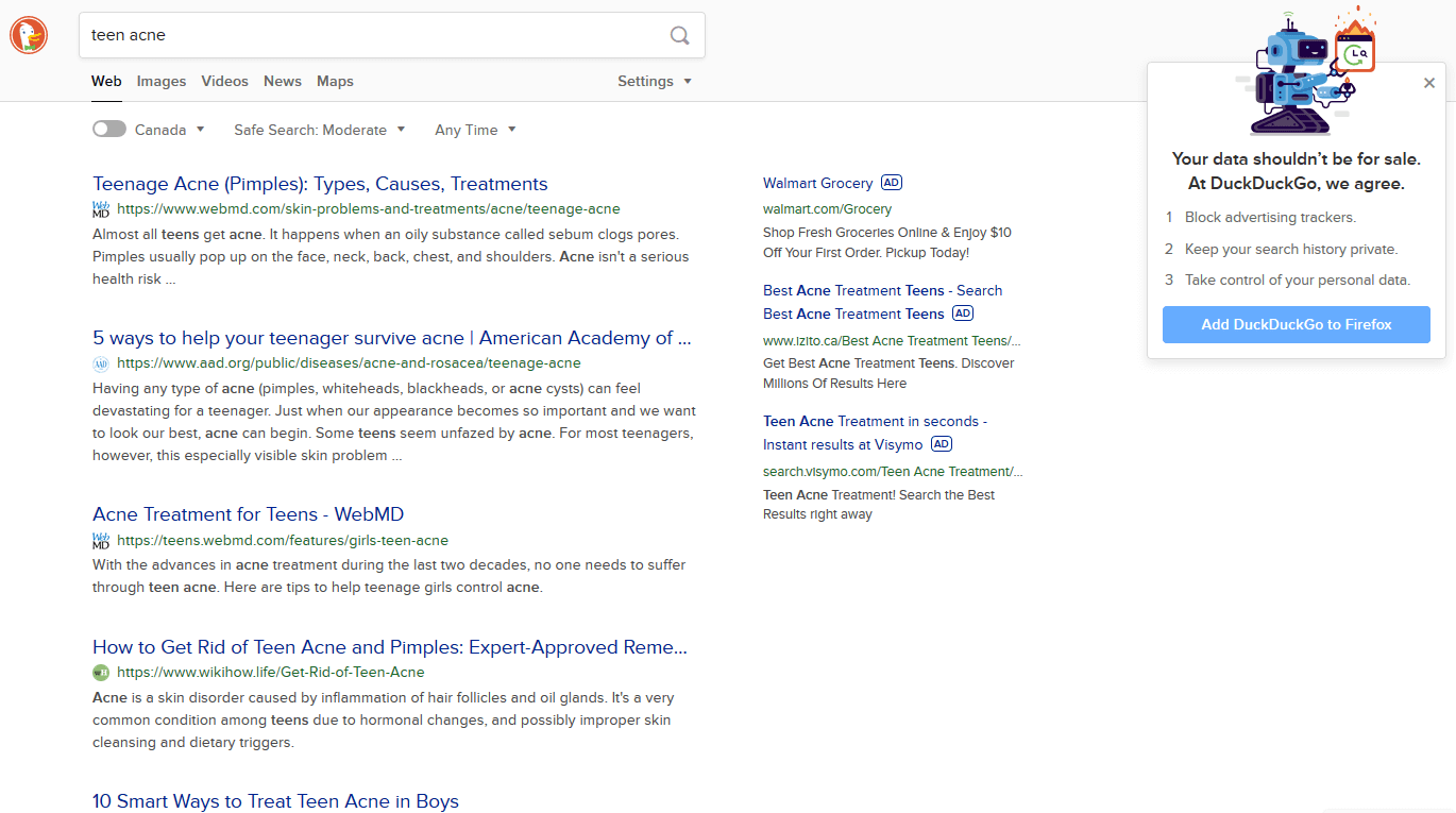 screen print of DuckDuckGo search results for "teen acne"