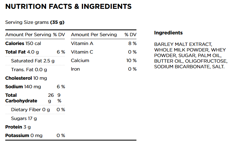 screen print of Nutrition Facts & Ingredients in today's Ovaltine