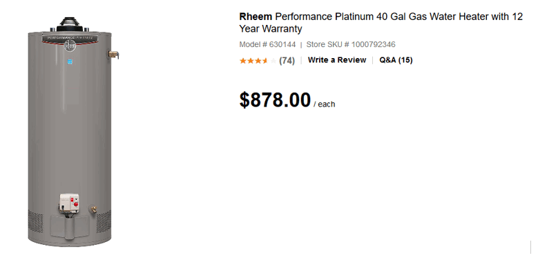 Rheem Performance Platinum 40 Gal Gas Water Heater with 12 Year Warranty