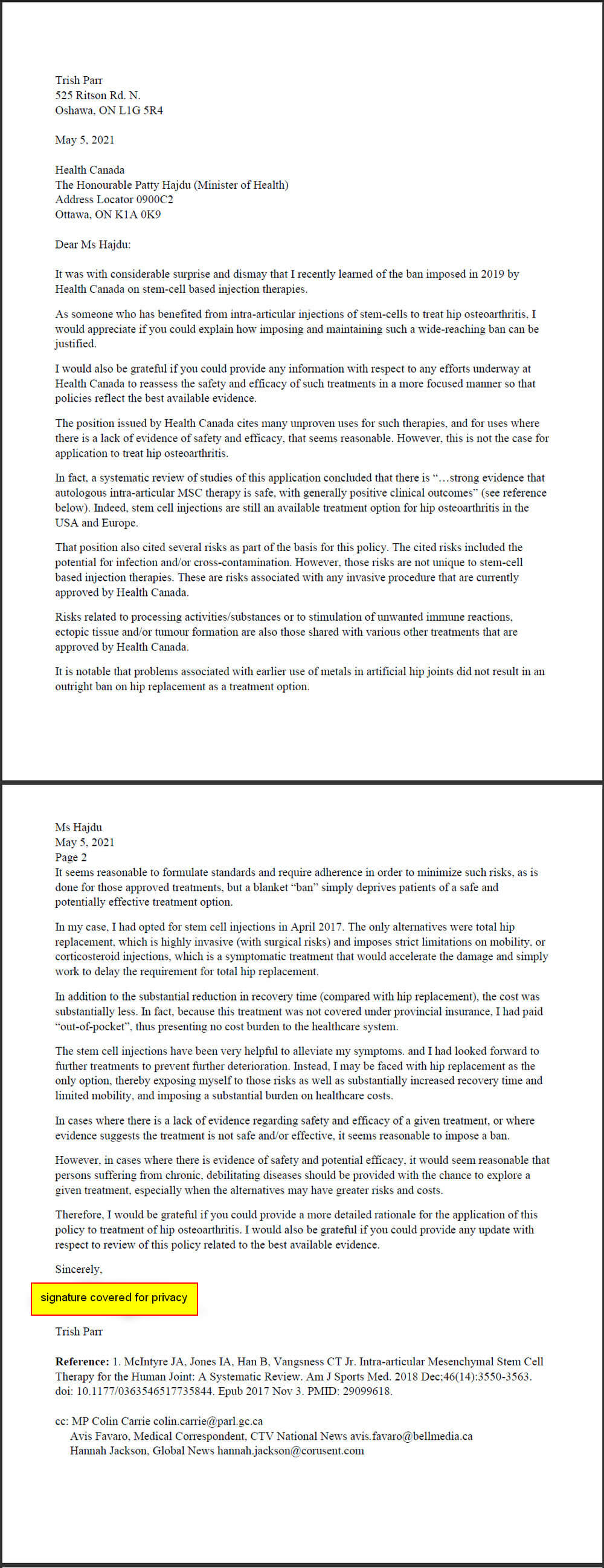 image of my letter to Canada's Health Minister