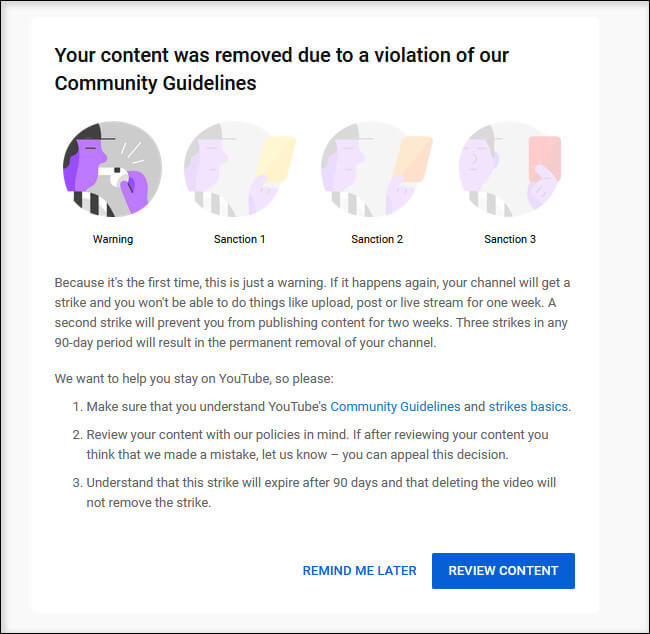 screen print of YouTube's content violation of their community guidelines