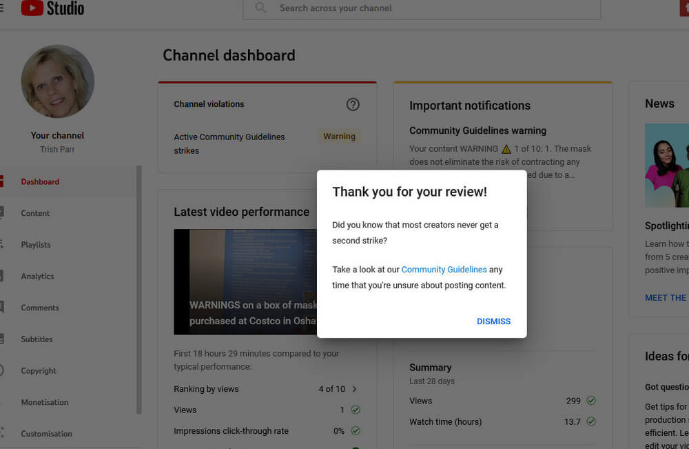 screen print of YouTube stating that I will NOT be warned again