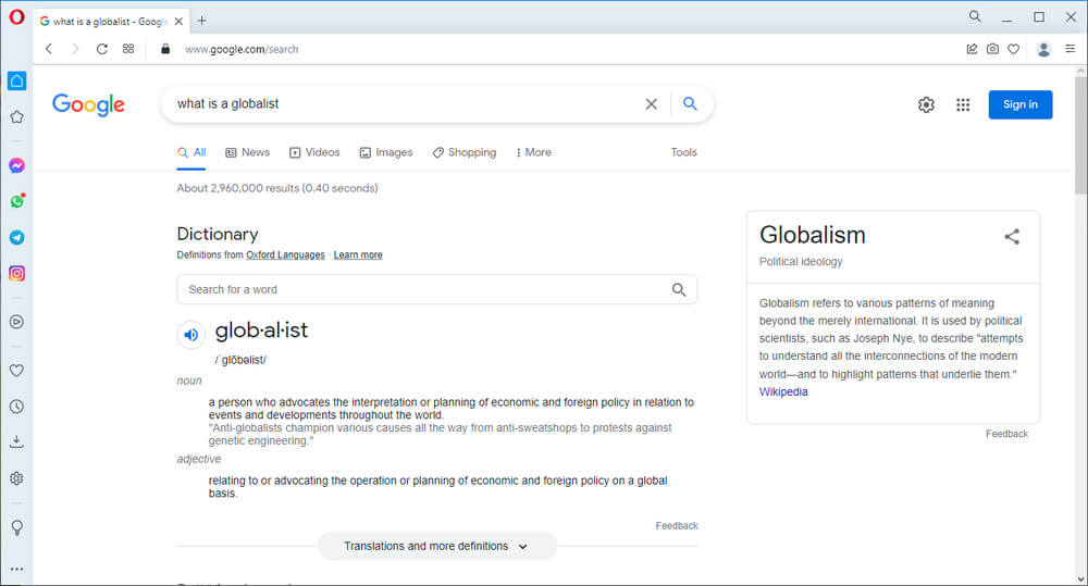 screen print of Google search result explaining what globalist is defined as
