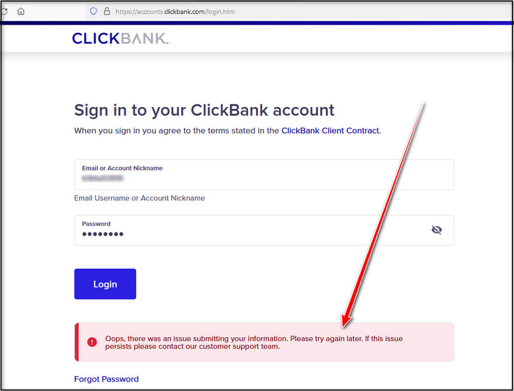 screen print of the Clickbank login displaying an error prompt