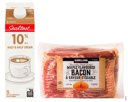 Sealtest 10% Half & Half Cream and Costco Kirkland Maple Flavoured Bacon