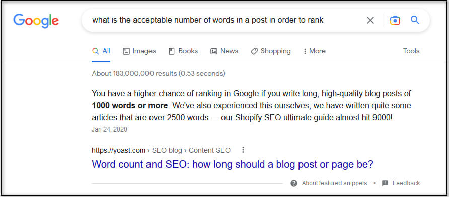 screen print of Google search featured snippet for words in a post...