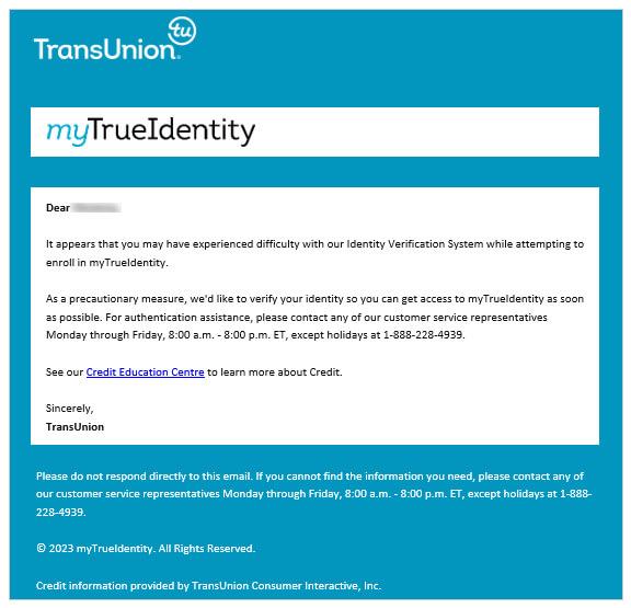 TransUnion prompt for myTrueIdentity form issue
